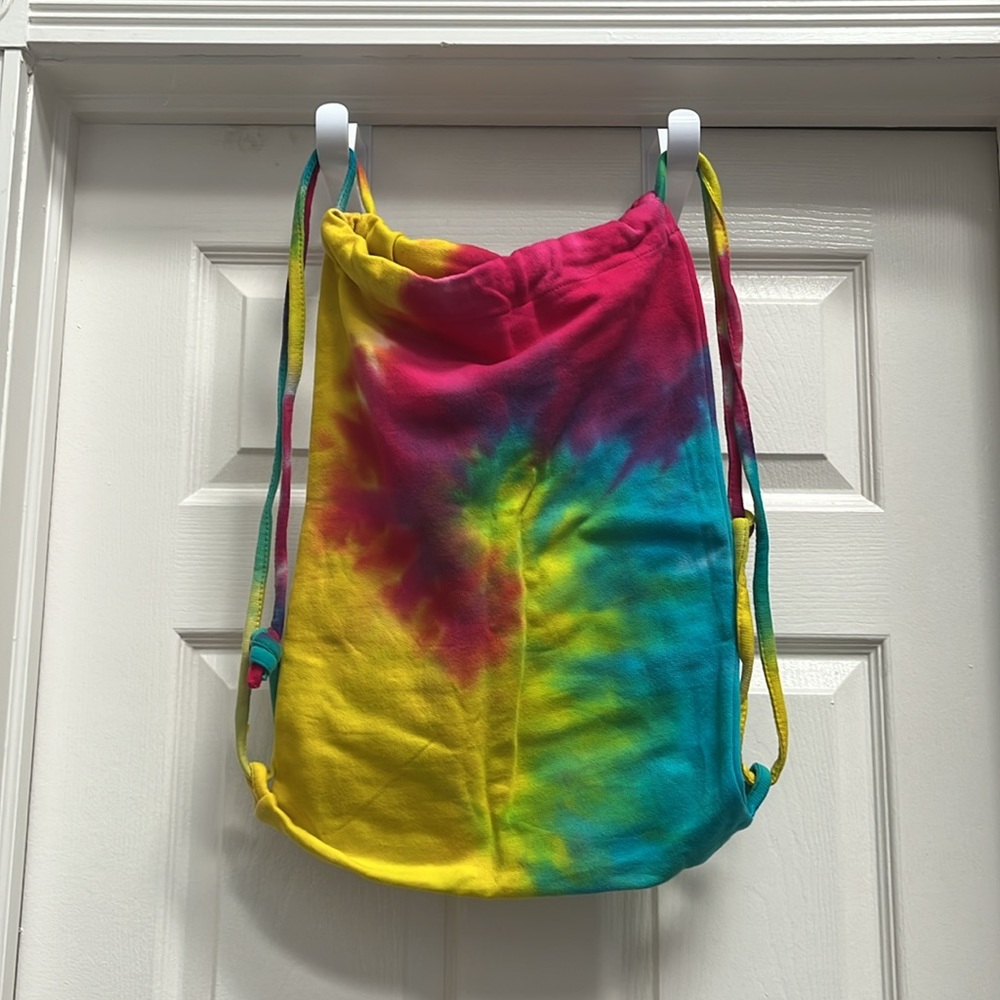 NEW! Tie Dye Cotton Sport Rope Tote Backpack Bag - Rainbow Spiral - 80/20 Fleece